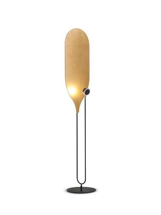 Gold-toned panel with reflected light, slim black U-shaped support and round base