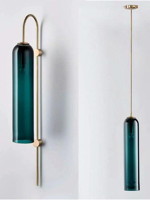 Wall sconce shown beside a related hanging pendant
