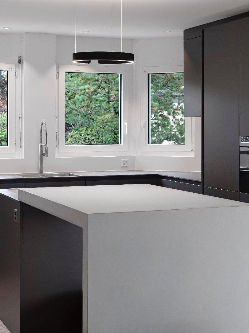 Black ring pendant above a kitchen worktop