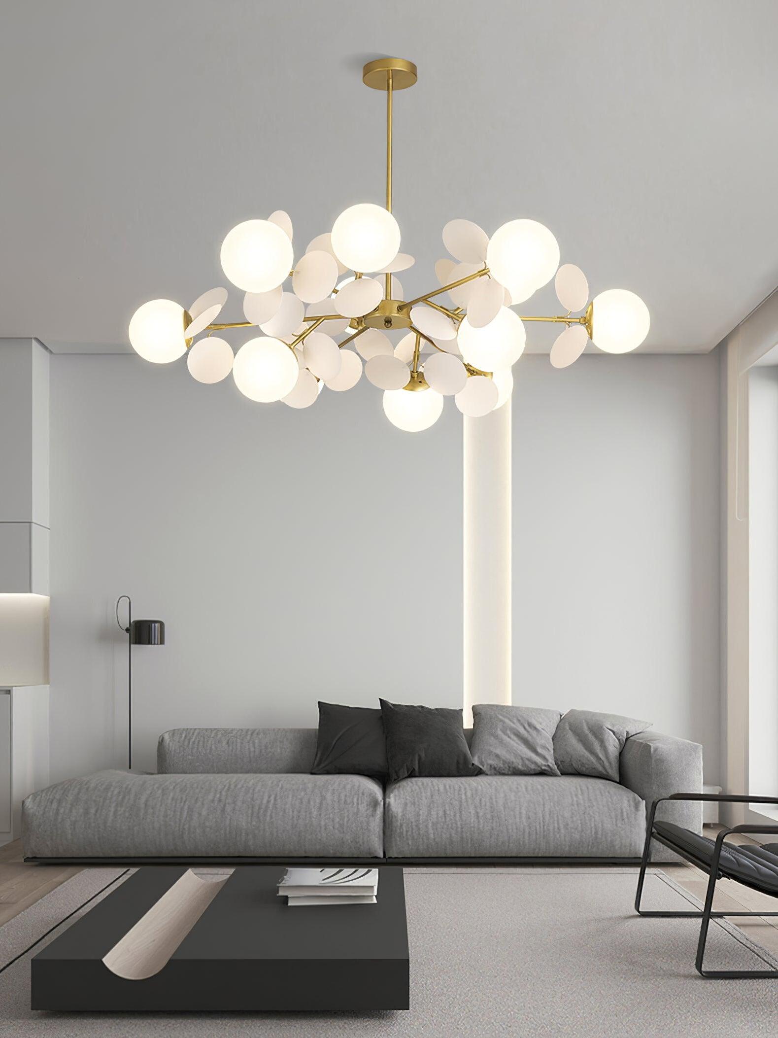 Grey discs and White globes in a lounge setting