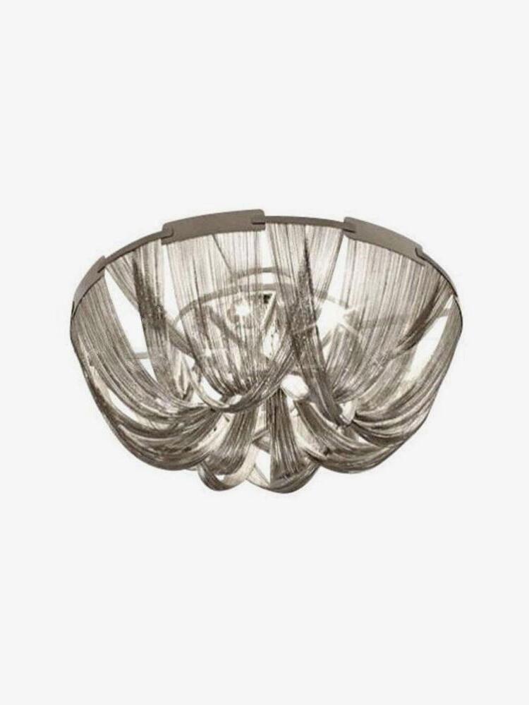 Silver metal chain swags below circular ceiling rim