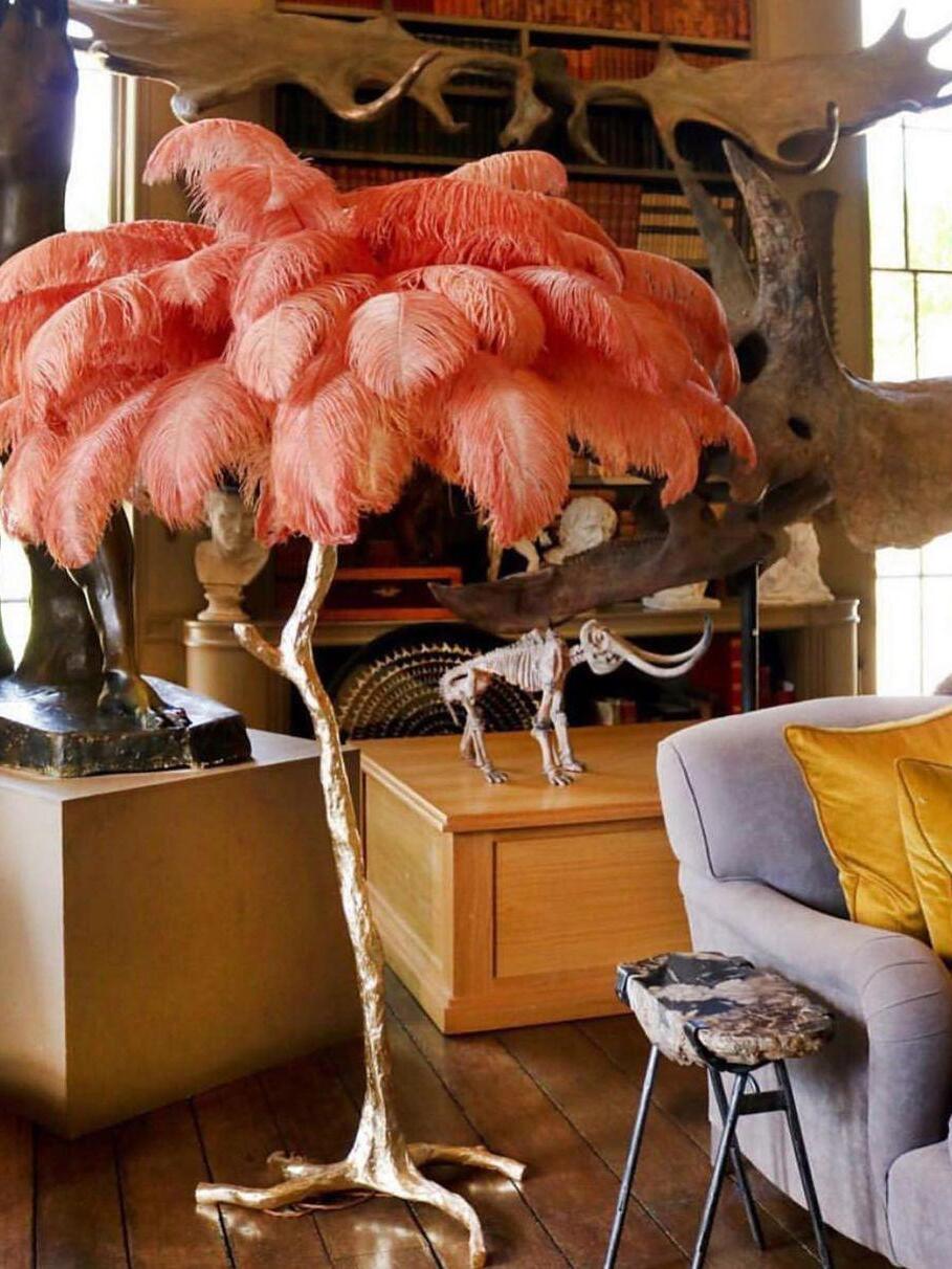 Art Deco Brass Ostrich Feather Floor Lamp - Cueteks