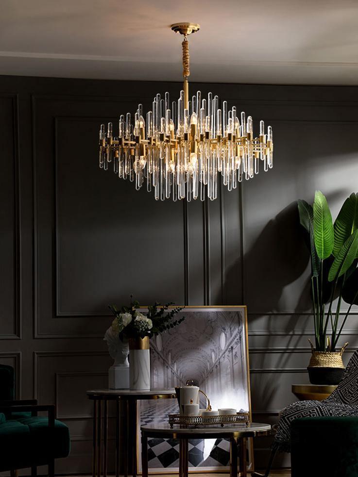 Vintage Antique Brass Stripe Crystal Chandelier - Cueteks