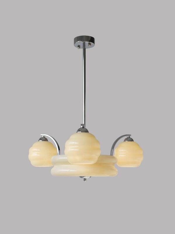 62 cm chrome-finish chandelier with beige outer glass shades and a central glass bowl