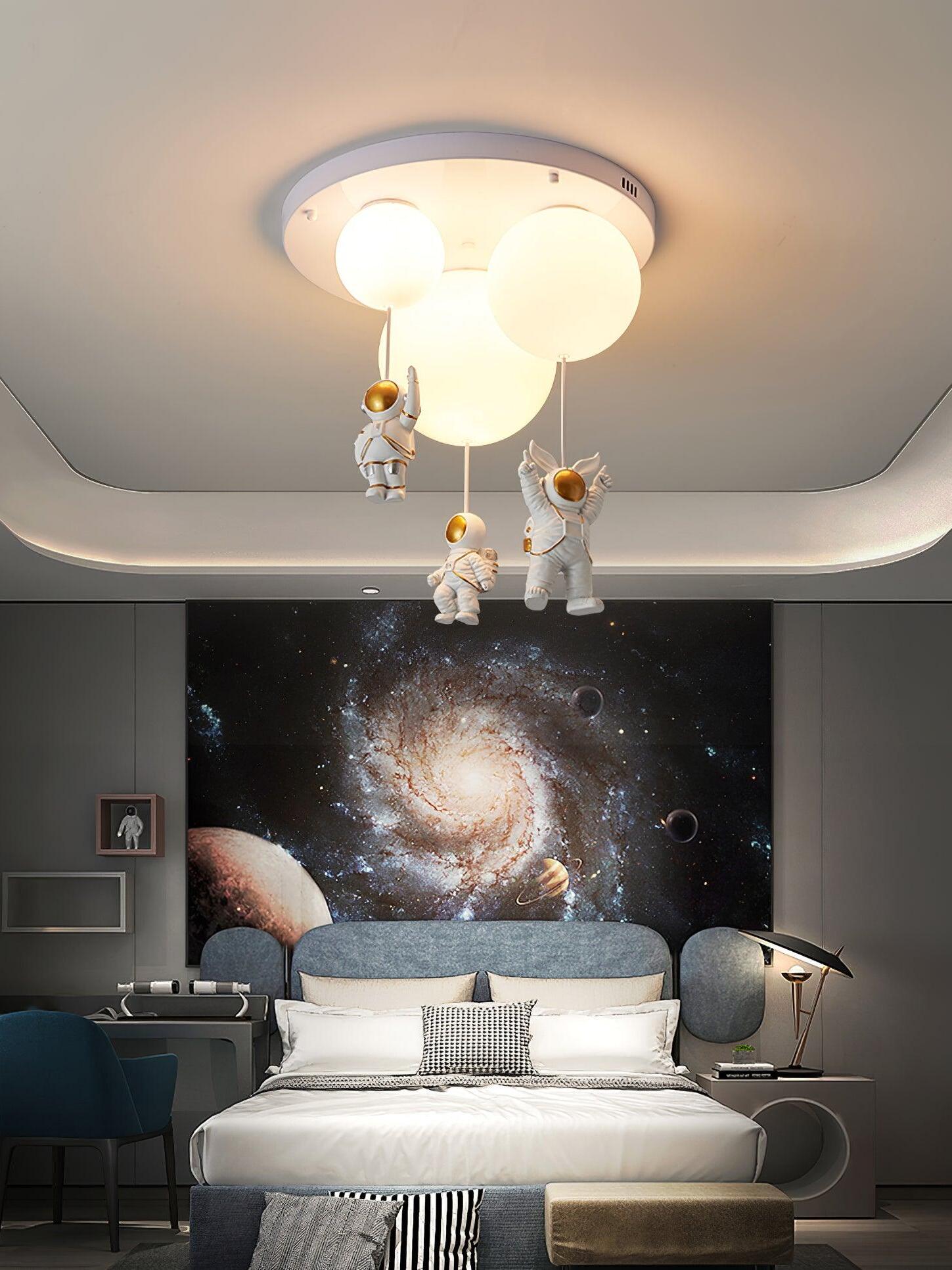 Three pale balloon shades in a galaxy-themed bedroom