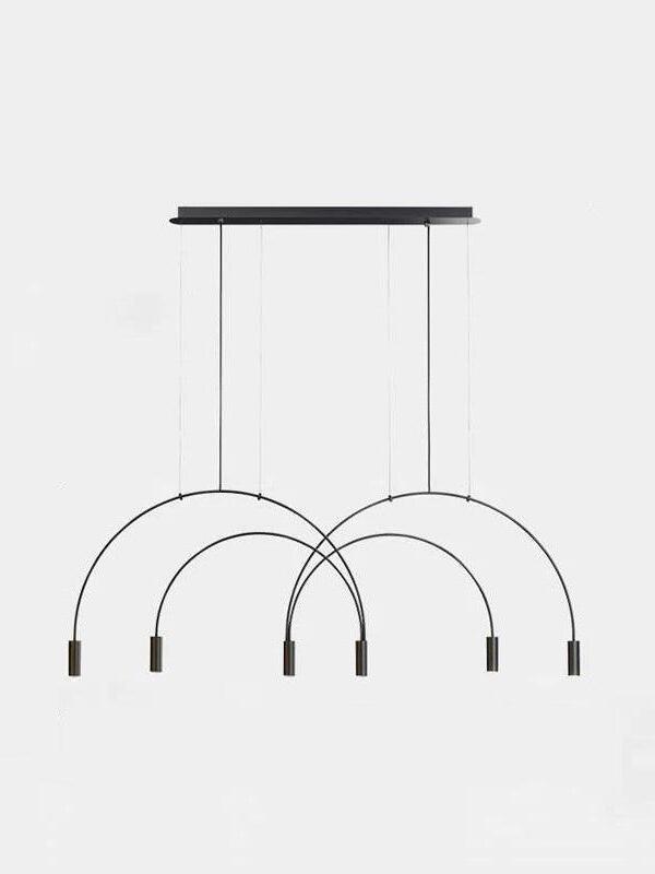 Six-light black Arcs pendant suspended by wires from a rectangular canopy