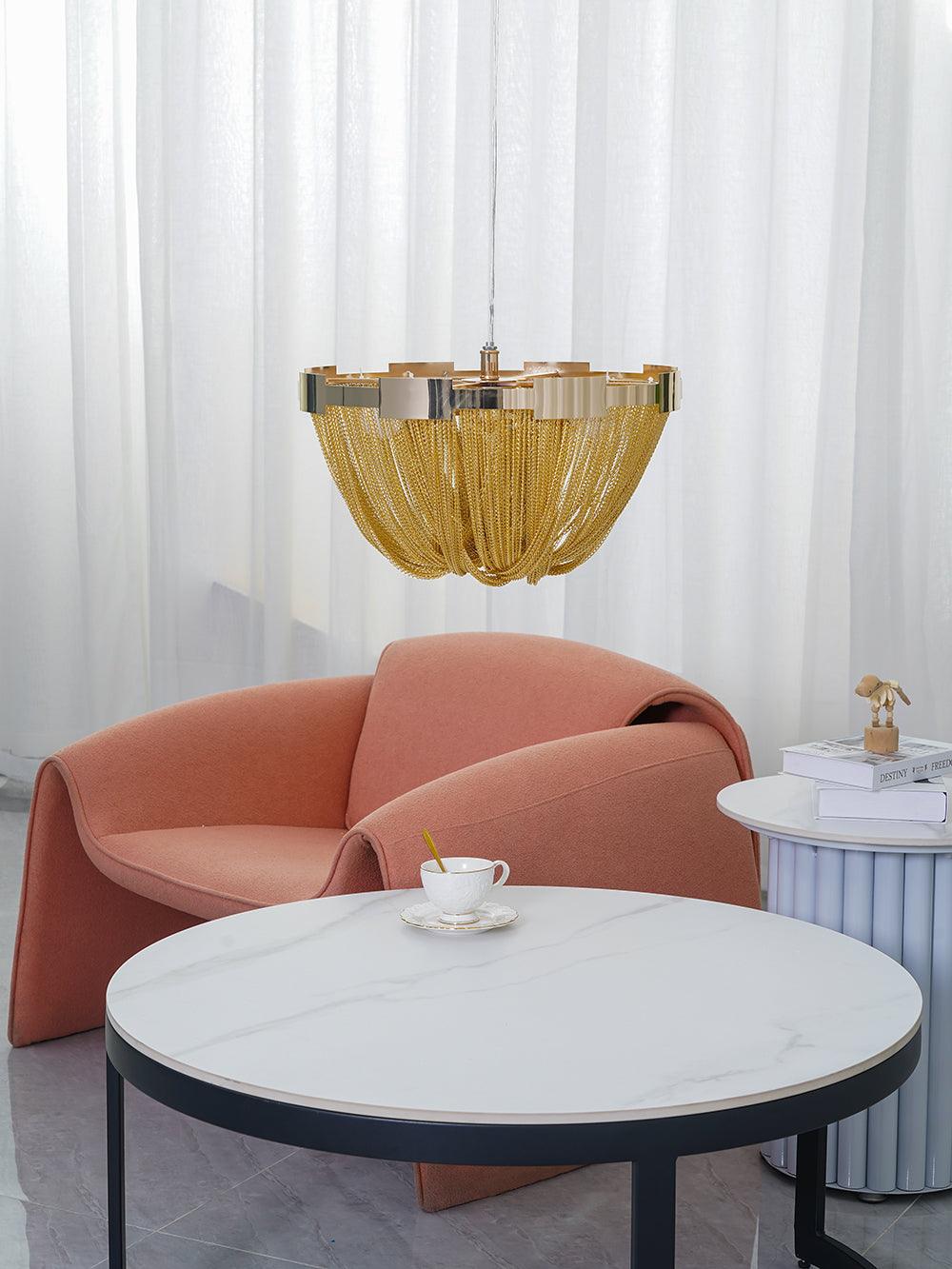 Gold-tone chain light in seating area alternate view