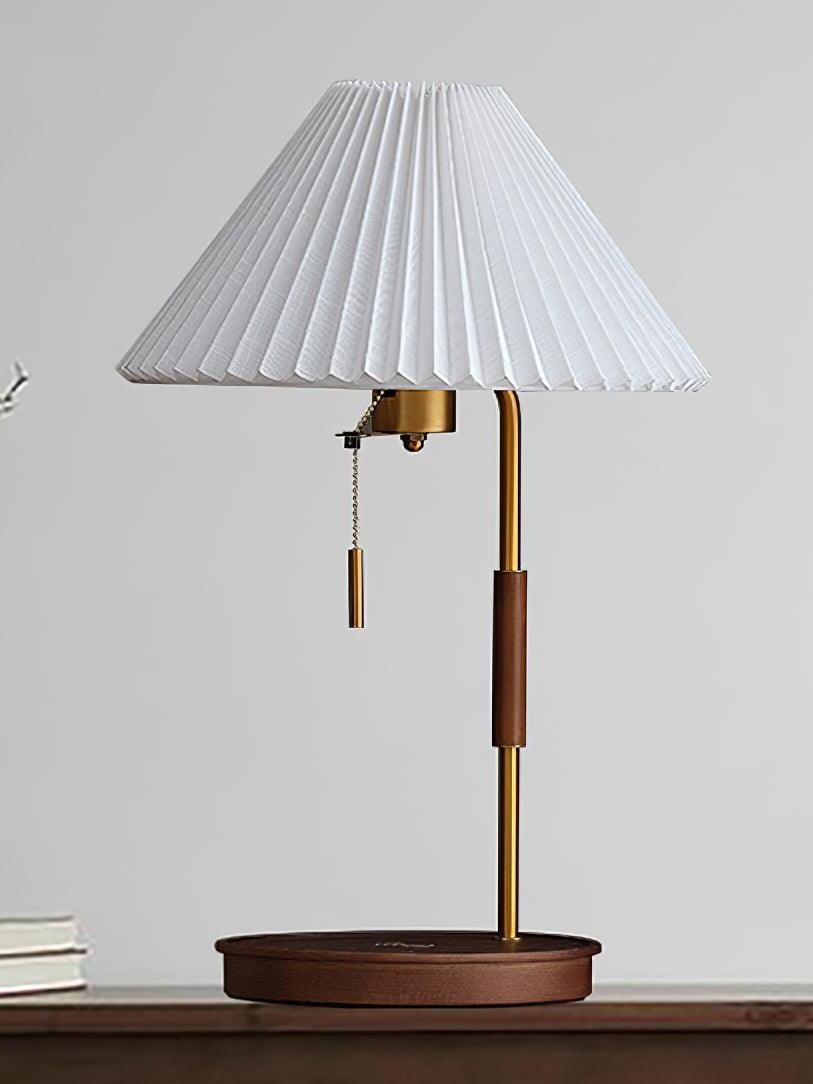 Walnut and White lamp option with a pale pleated shade, dark round base, dark stem collar and gold-tone stem