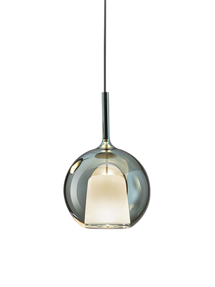 Glo Green finish option showing a subtly tinted glass globe and illuminated white inner shade