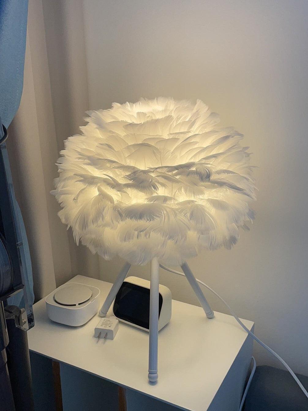 White feather-shade lamp with cord visible