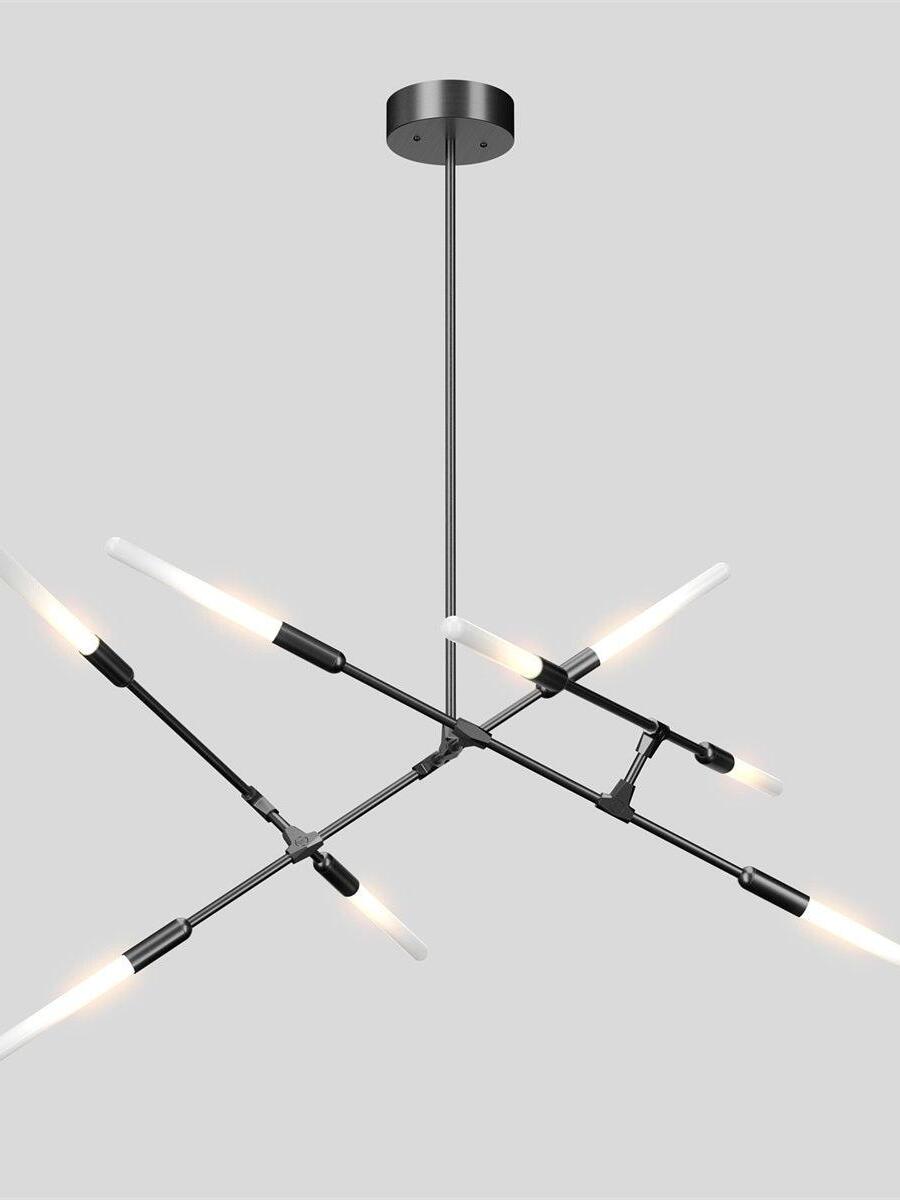 Black horizontal branch chandelier suspended from a straight rod and round canopy