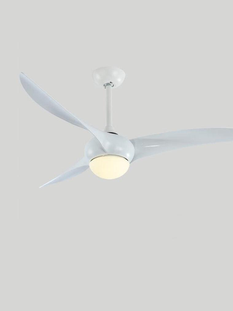White three-blade ceiling fan with a pale warm-looking round diffuser, white rod and matching canopy against gray