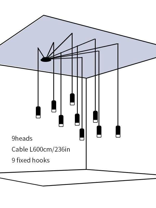 Nine-head ceiling diagram with a side plate, cable L600 cm and 9 fixed hooks