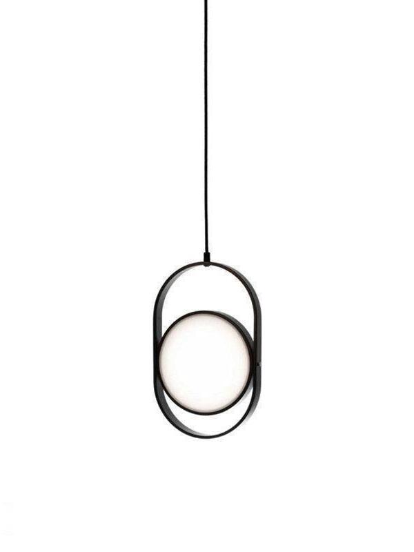 Vertical black oval-frame pendant with a glowing circular disc and single hanging cord on white