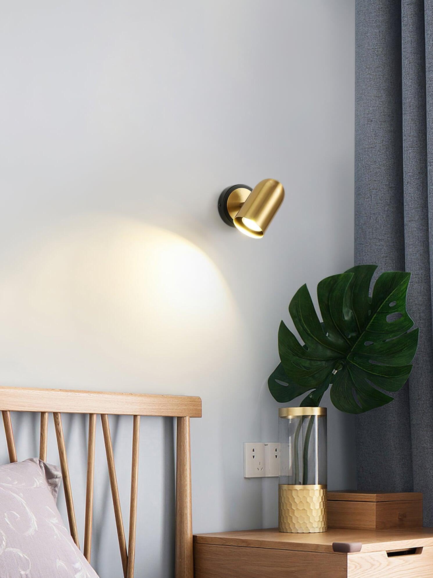 Gold wall lamp above bedroom side table and plant