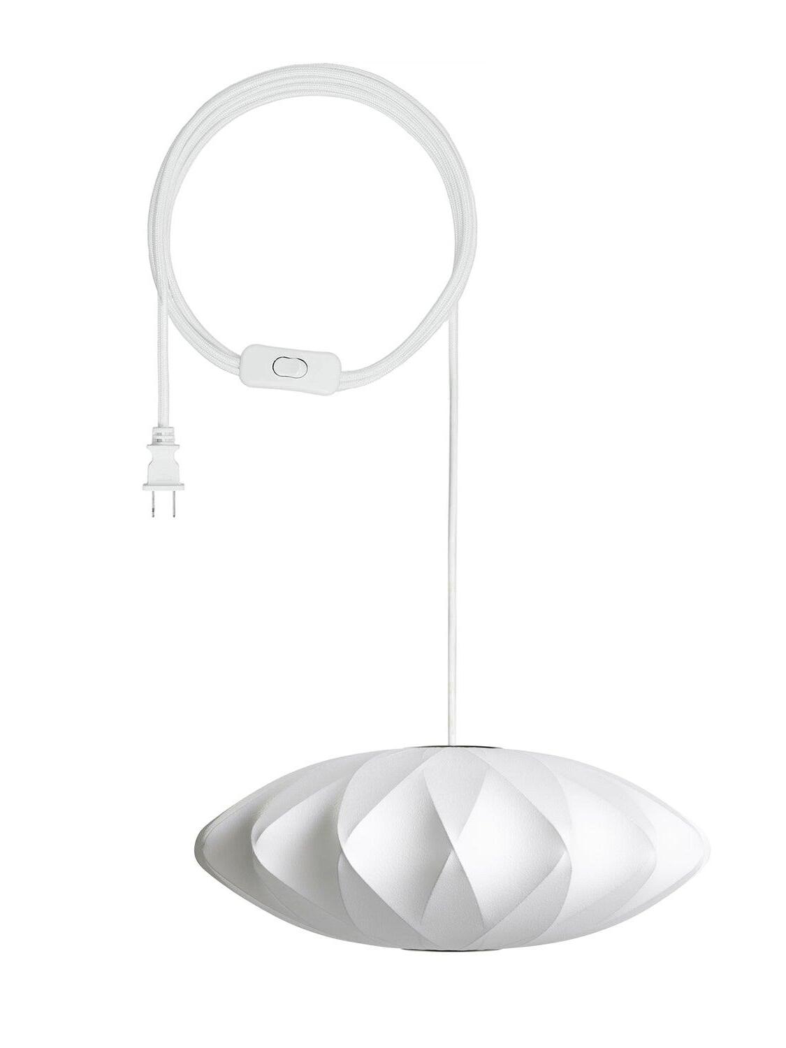Model B white oval pendant with diagonal crisscross ribs, cord, switch and two-prong plug