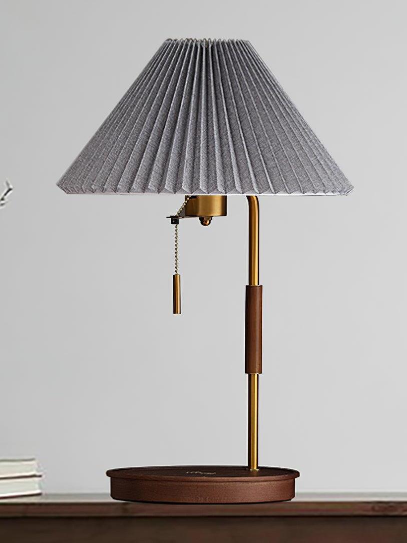Walnut and Grey lamp option with a grey pleated shade above a dark round base and gold-tone stem