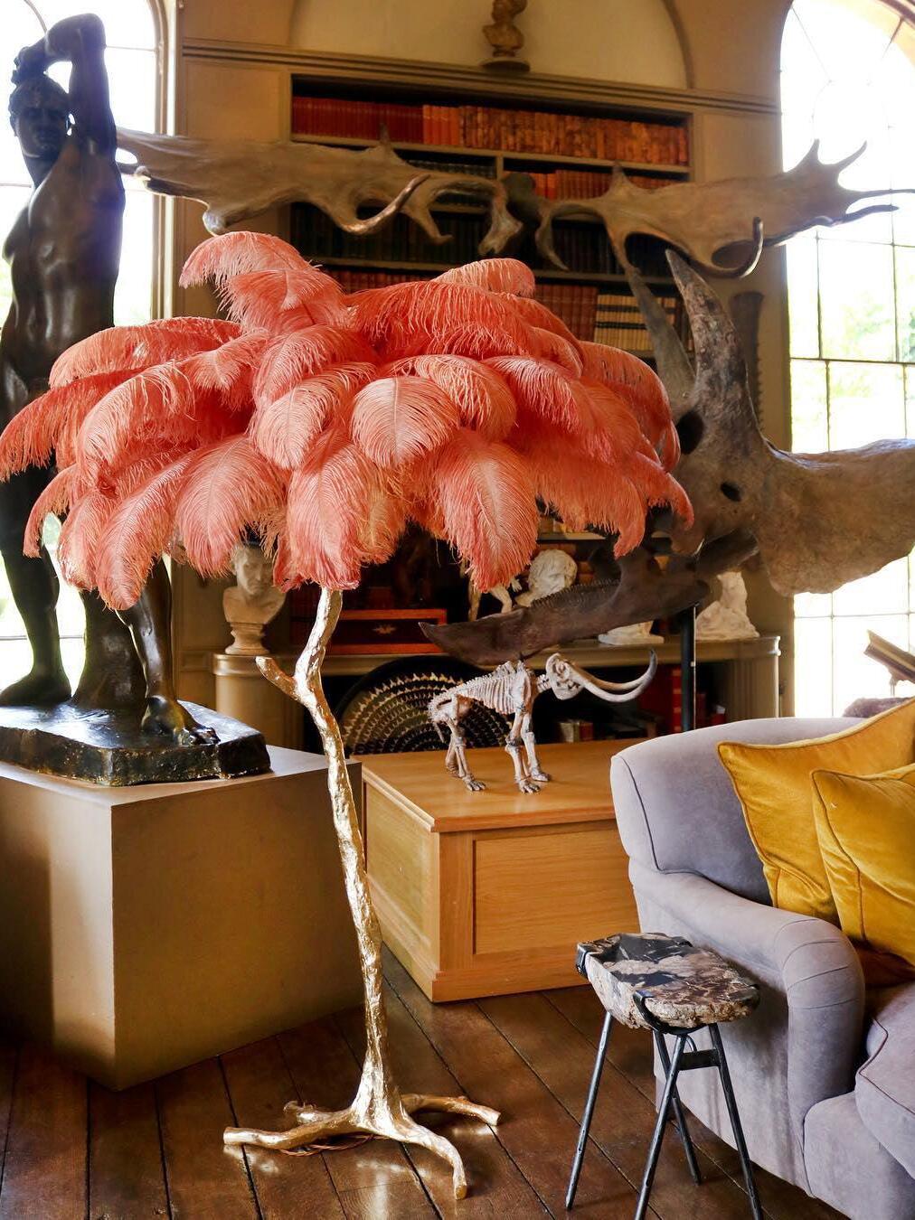 Art Deco Brass Ostrich Feather Floor Lamp - Cueteks