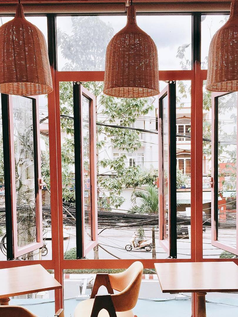 Rattan pendant in a restaurant window setting