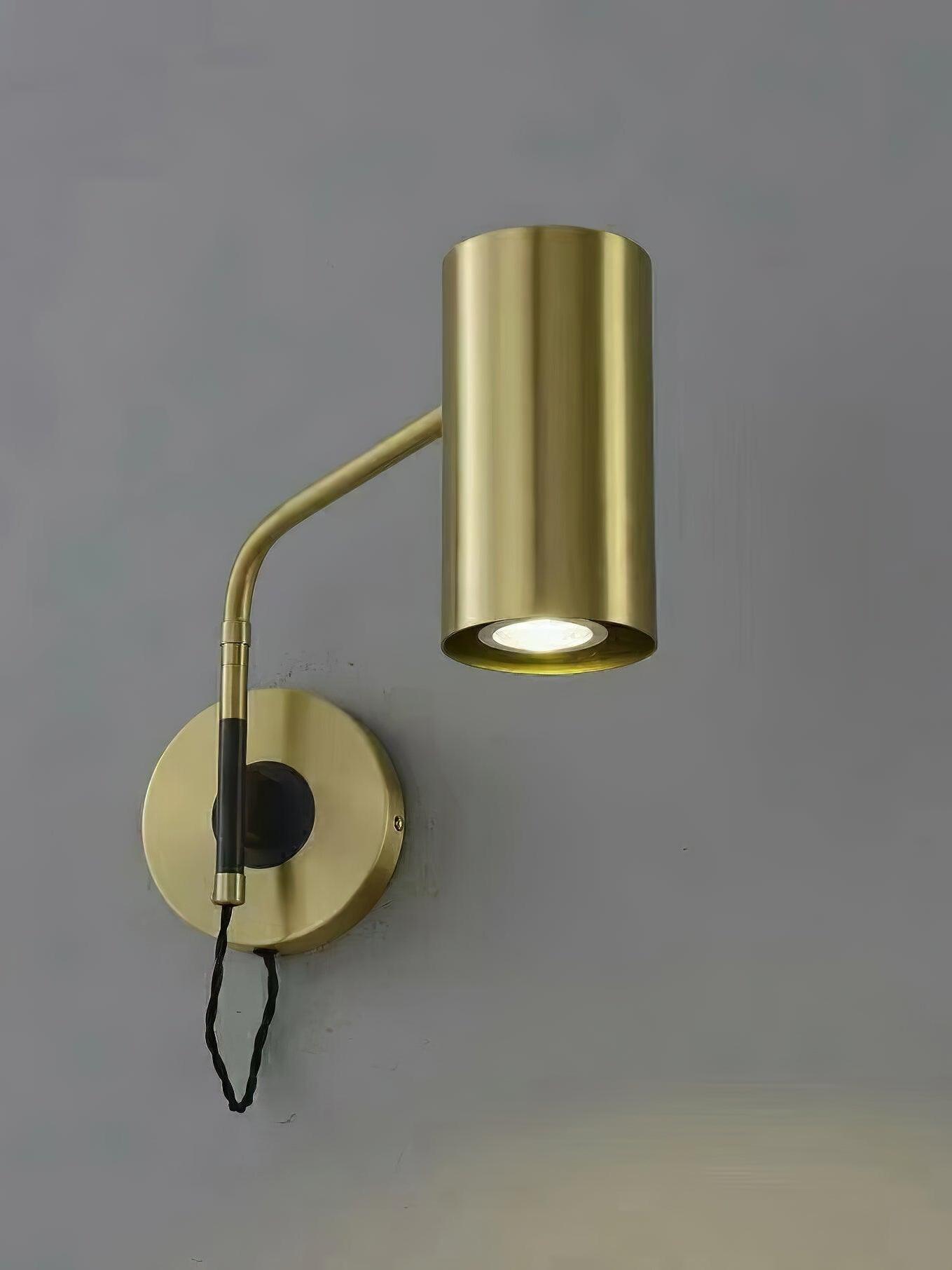 Angled brass-tone cylinder light with arm and looped cord