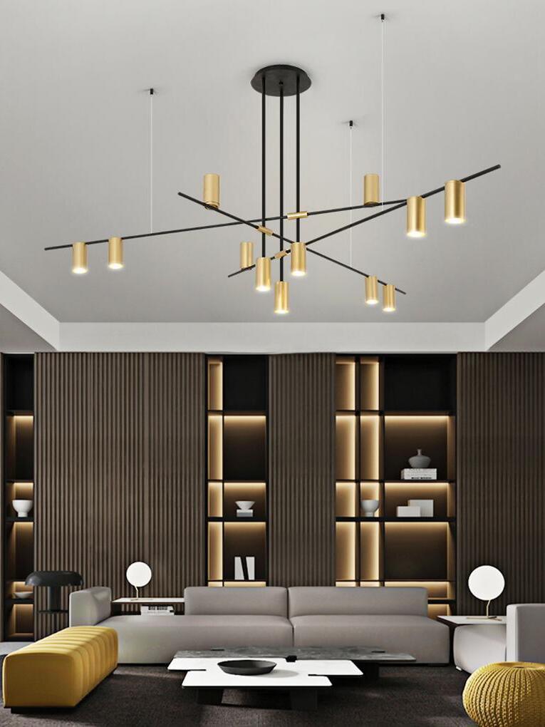 Crossed-rod chandelier in a living room with display shelves