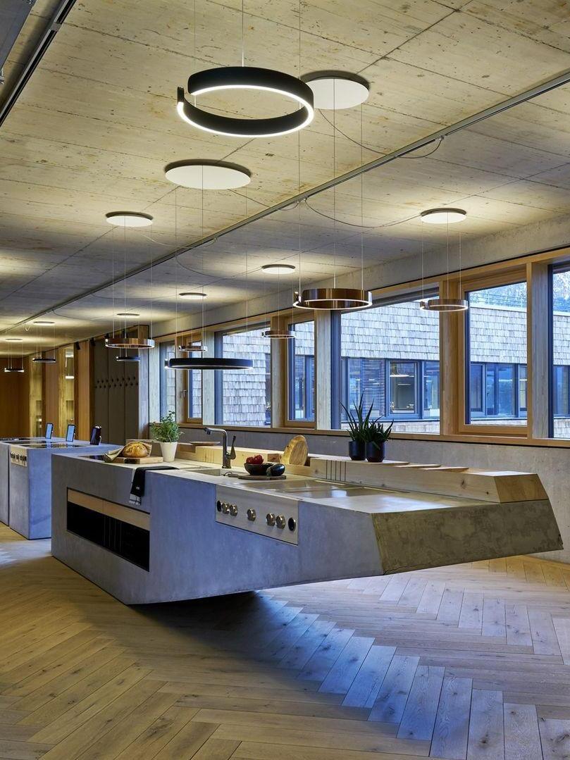 Ring fixtures pictured along a long interior counter