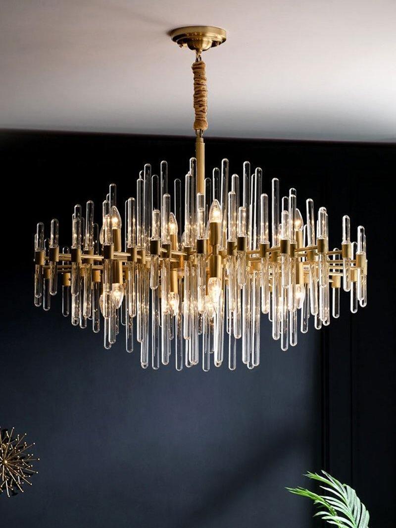 Vintage Antique Brass Stripe Crystal Chandelier - Cueteks