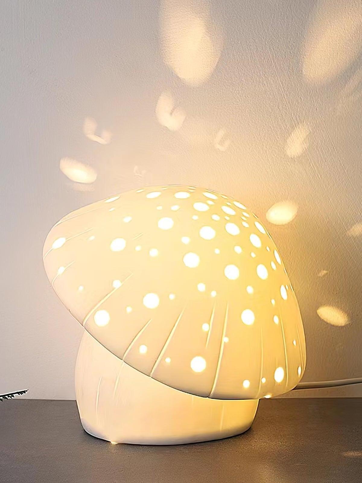 Close view of the tilted illuminated cap and pale base with light spots on the wall