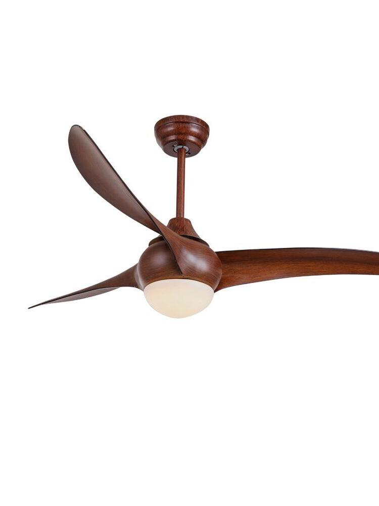Dark brown curved-blade fan with a pale round diffuser and straight downrod against white, right blade partly cropped