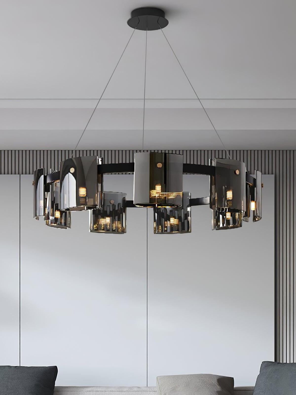 Black glass ring chandelier near curtains
