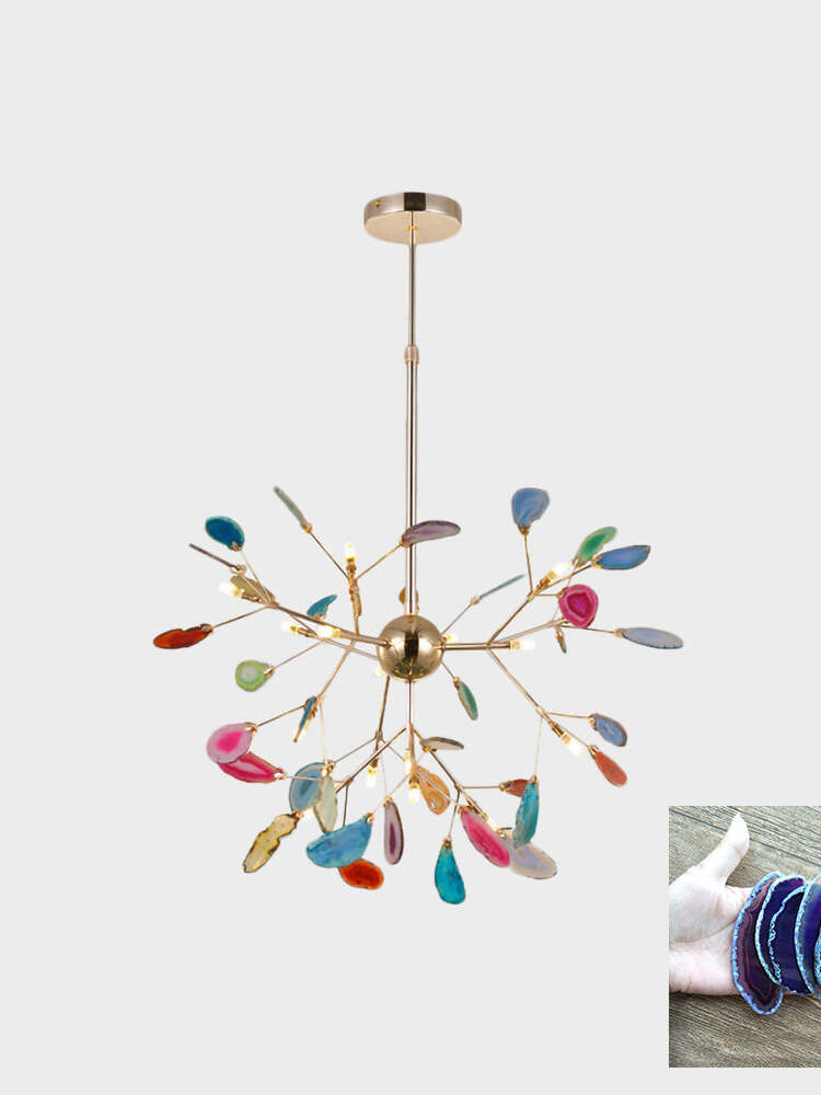 Multicoloured radial stone chandelier with a central gold-coloured ball and a dark blue-violet stone sample inset