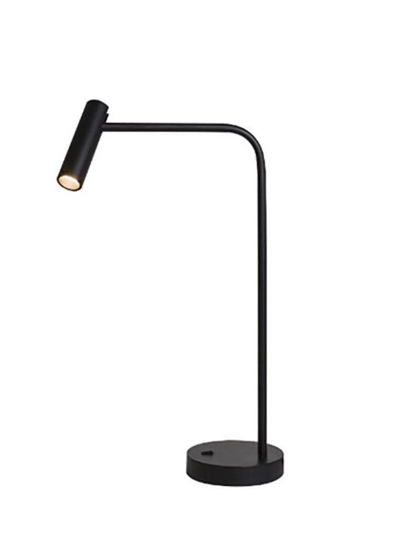 Black bent-arm lamp with angled cylinder head, pale light opening and base button