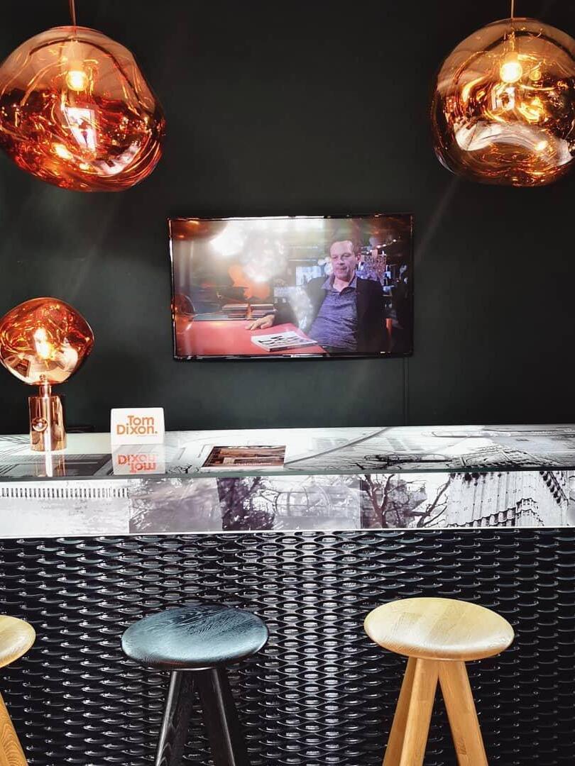 Bar scene with tabletop and hanging Melt-style lights