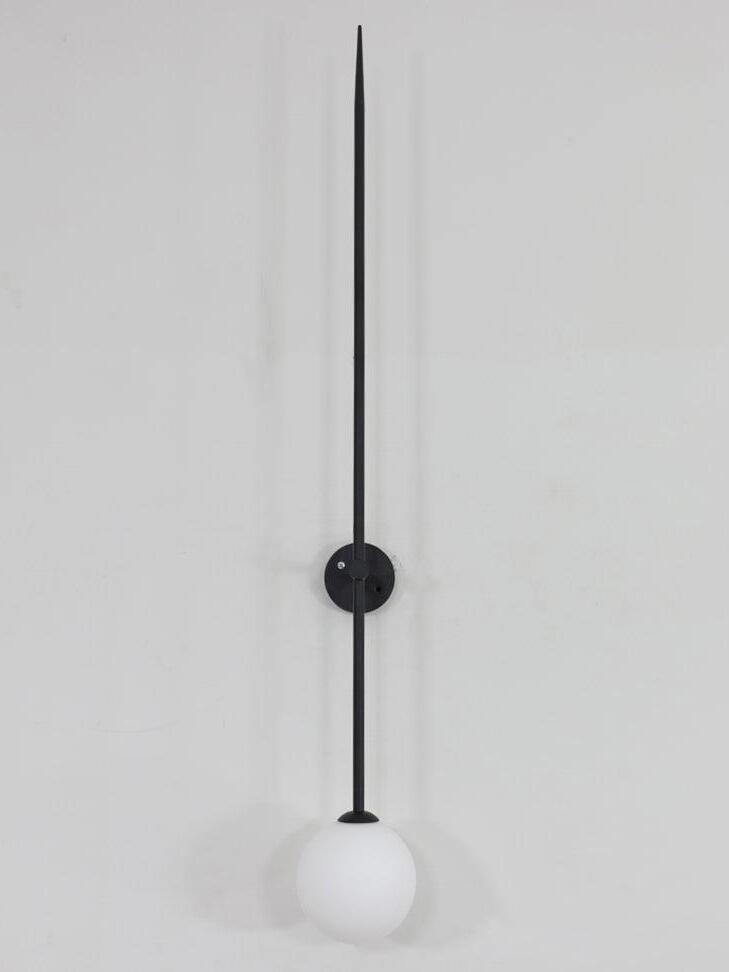 Frontal unlit black rod wall light with a white globe and a round backplate behind the stem