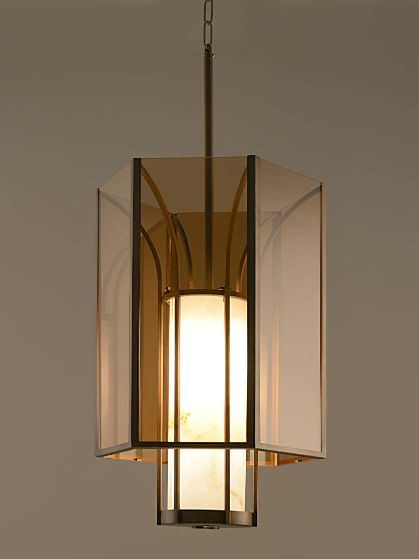 Remy pendant glowing through amber lantern panels