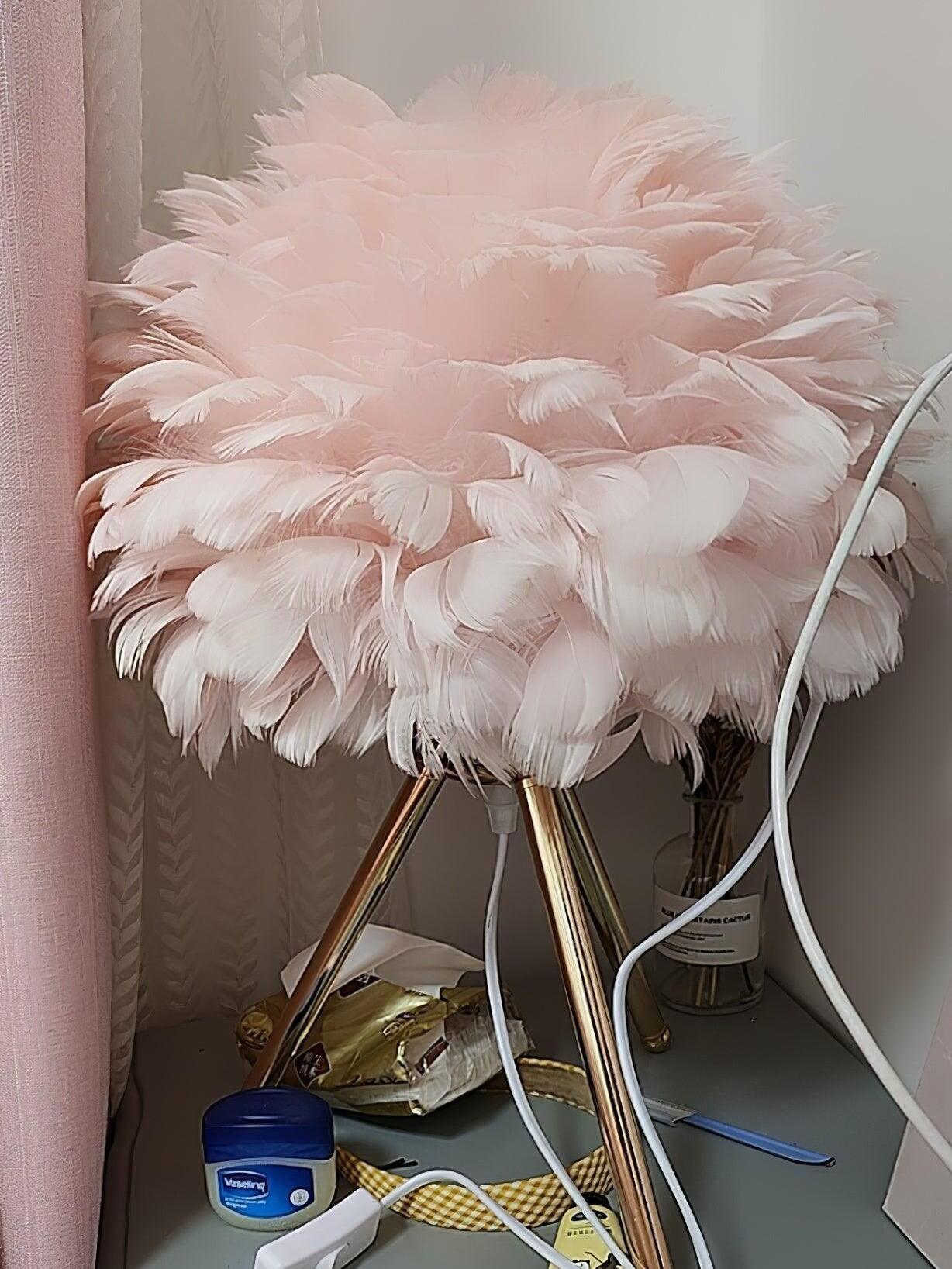 Close view of pale pink feathers on round shade