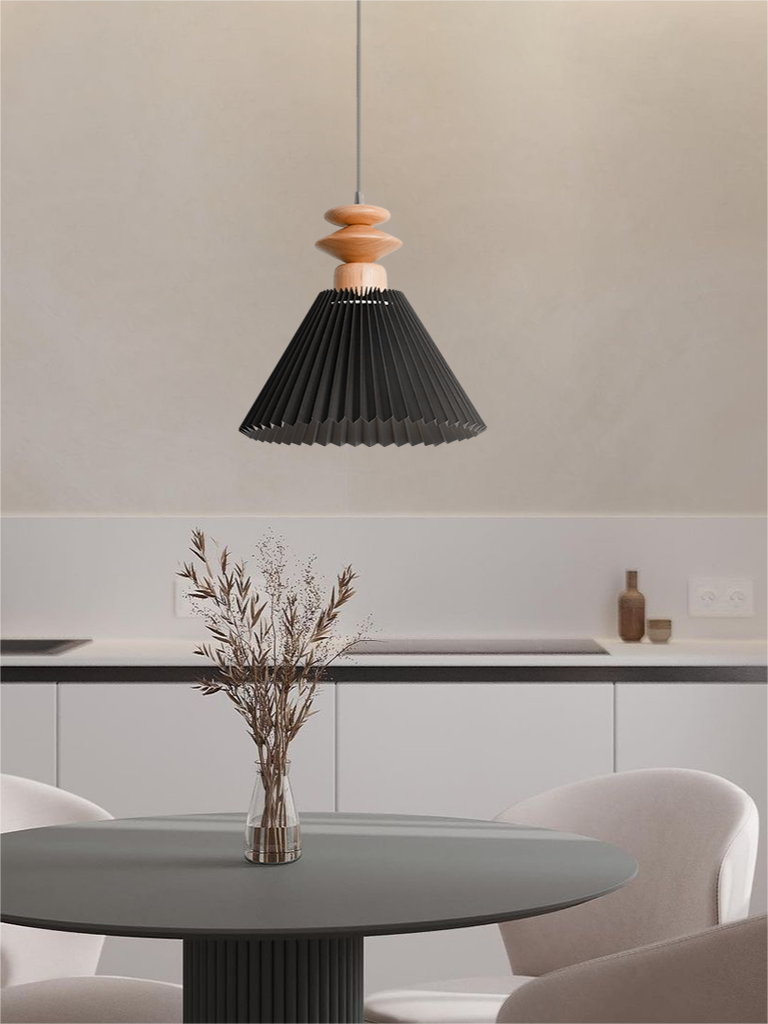 Black pleated Takumi pendant with a short disc-shaped wood top