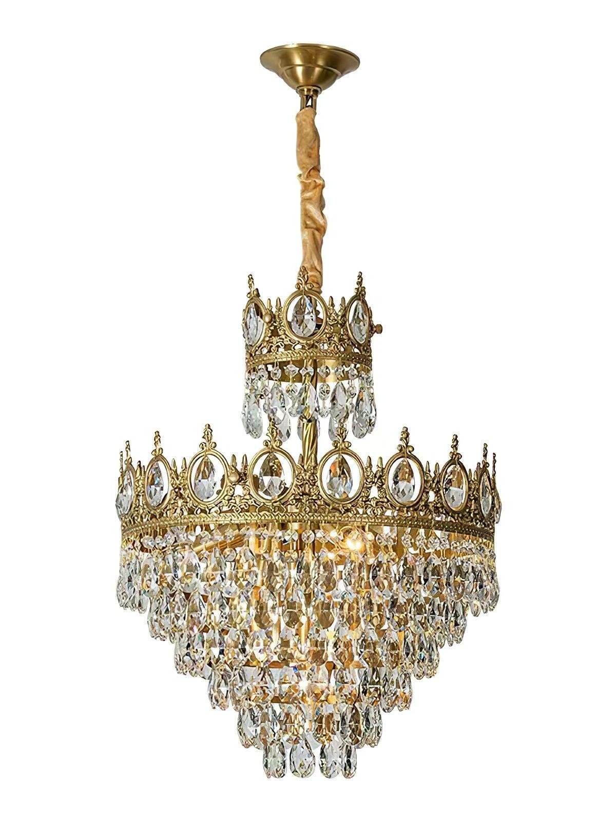 Crystal chandelier with a covered suspension and visible ceiling canopy isolated on white