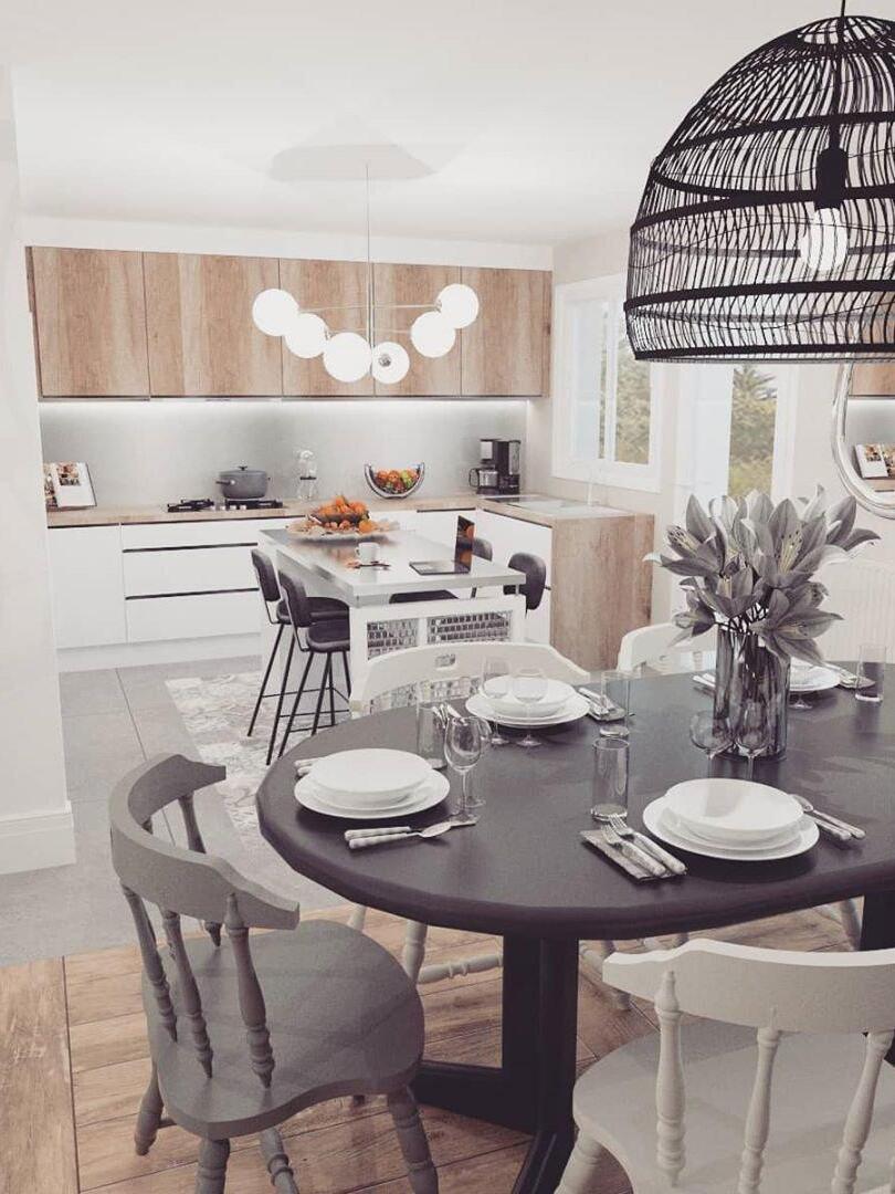 Black wicker pendant in a pale dining room