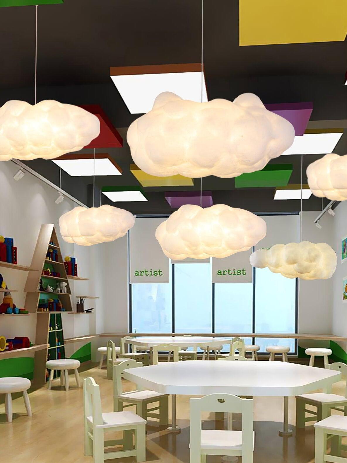 Grouped cloud pendants in a colourful indoor space