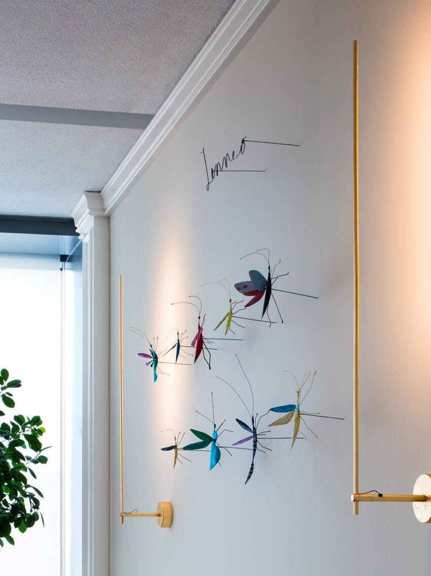 Two Gold rods alongside decorative wall birds