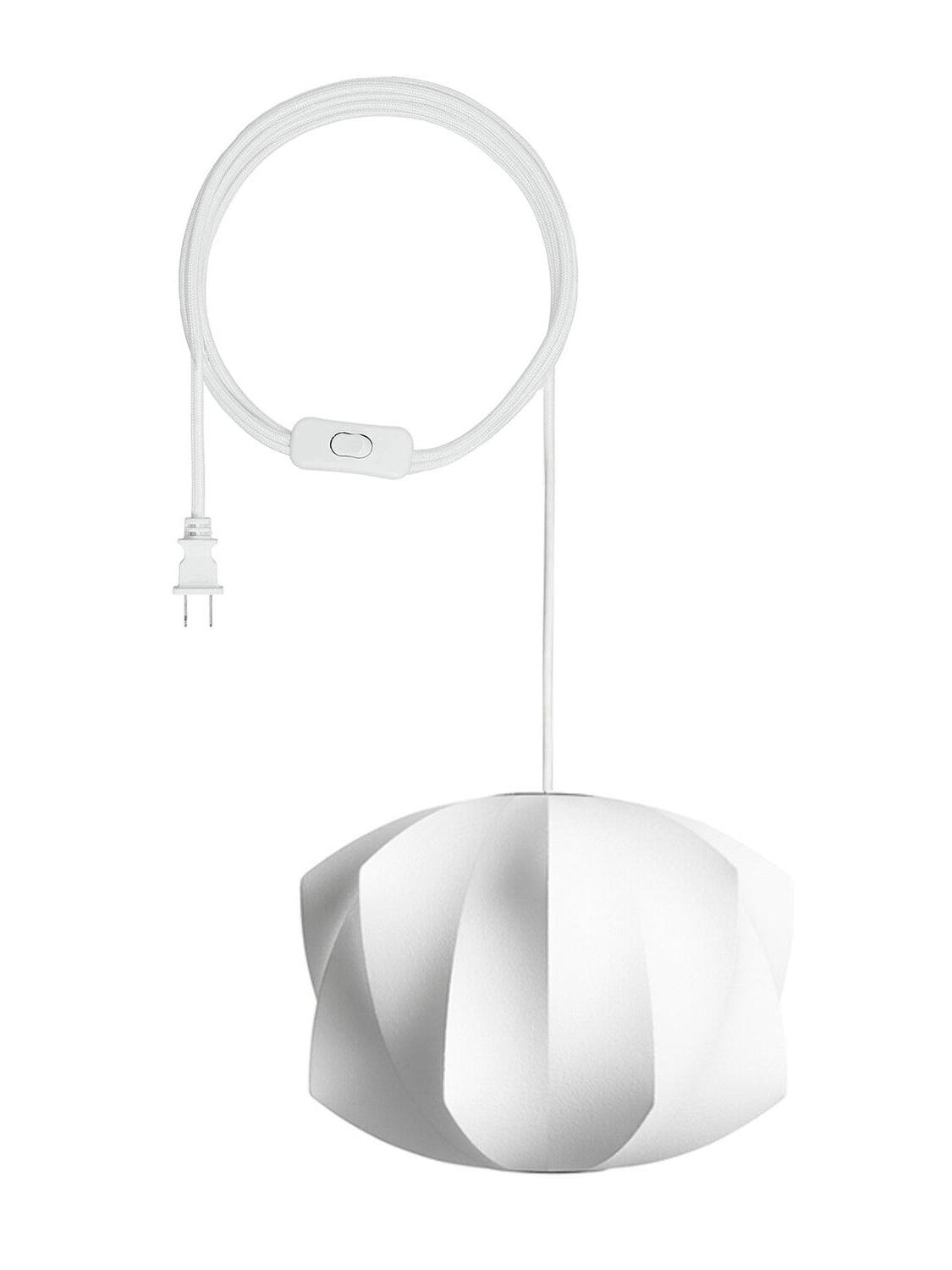 Model F white pendant with broad twisting panels, cord, switch and two-prong plug