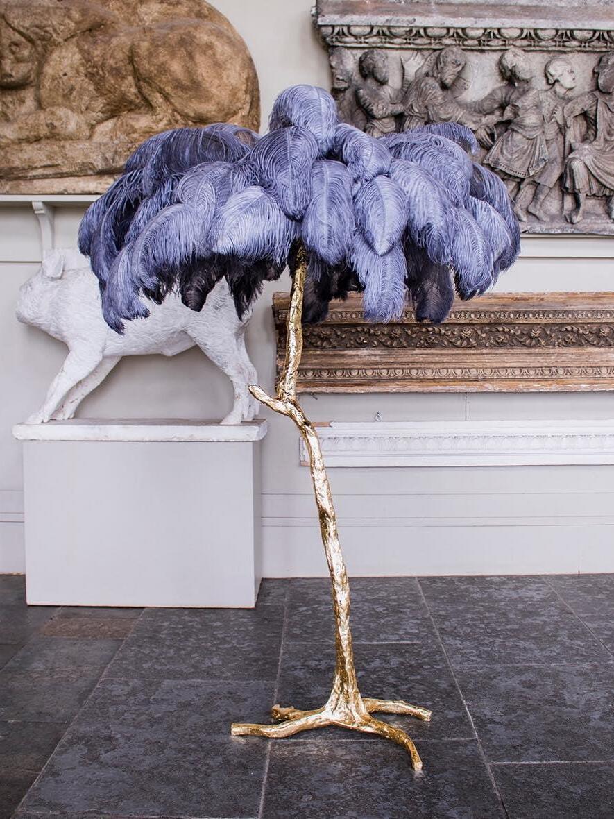 Art Deco Brass Ostrich Feather Floor Lamp - Cueteks