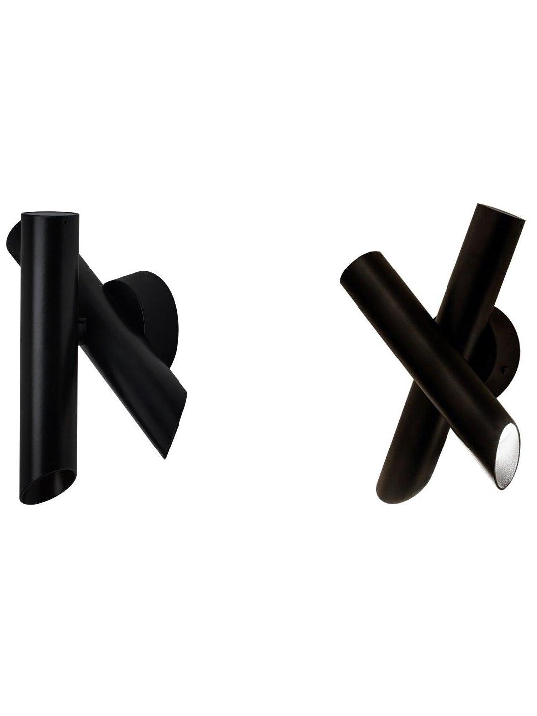 Two pictured orientations of black crossed-tube lamp