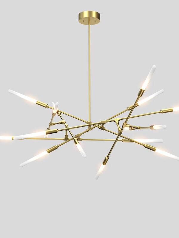 Gold-coloured Dawn chandelier with a dense horizontal branching form and straight hanging rod
