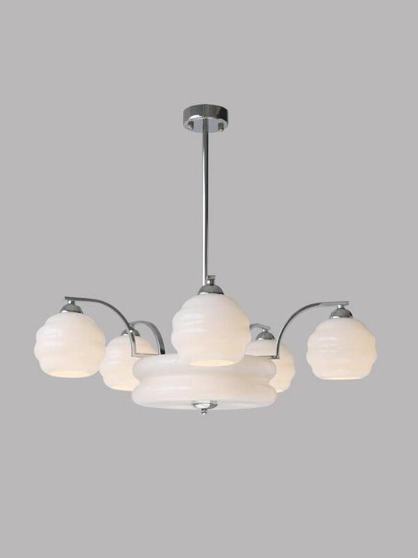 70 cm chrome-finish chandelier with white glass shades around a broad central bowl