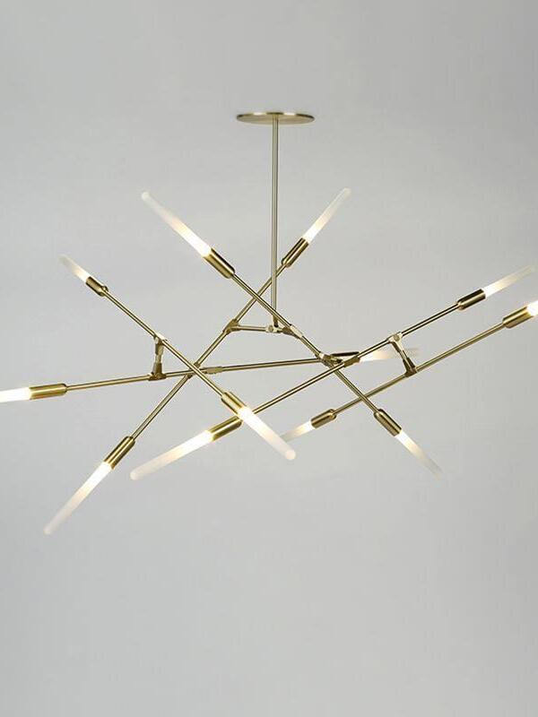 Gold ceiling chandelier with pale tubular tips