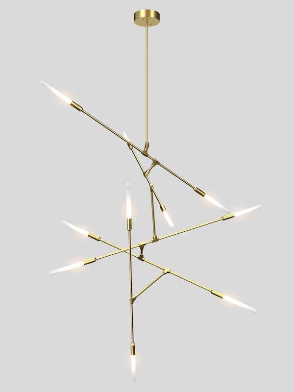 Vertical gold-coloured Dawn chandelier with branches spread down a central axis