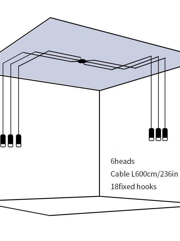 Six-head ceiling diagram with two groups of three, cable L600 cm and 18 fixed hooks
