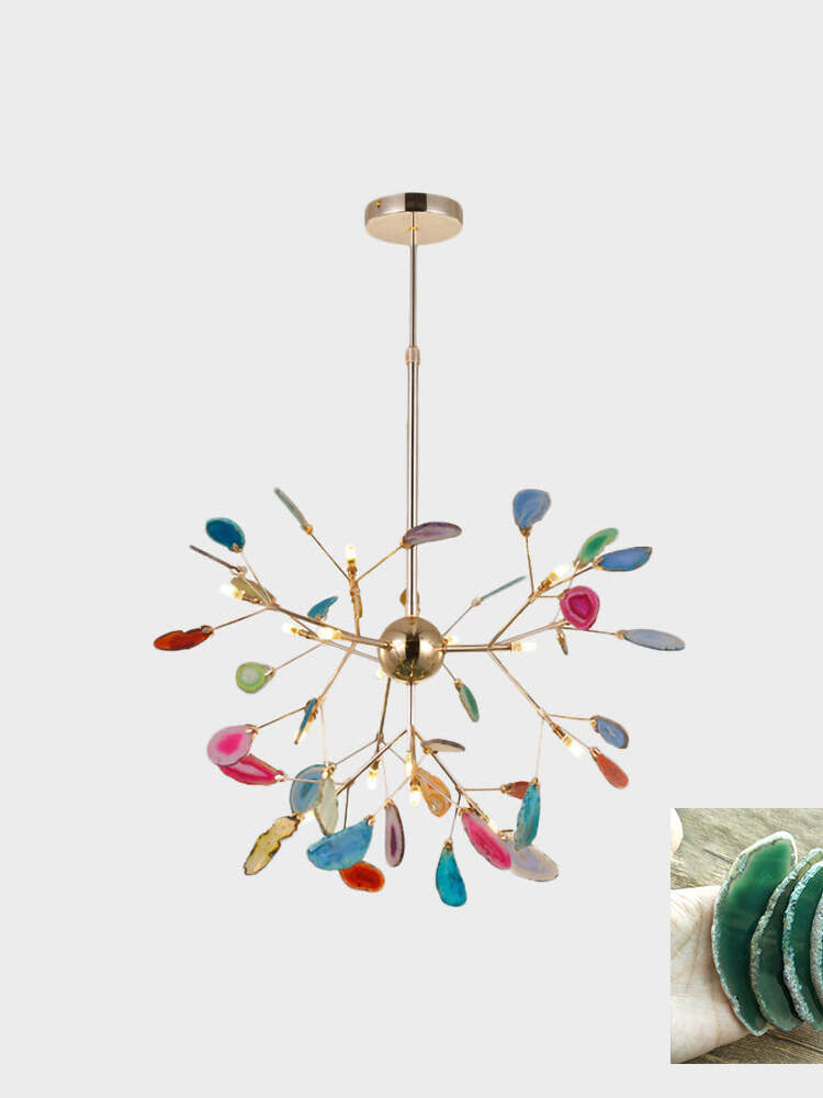 Multicoloured radial stone chandelier with a central gold-coloured ball and a green stone sample inset